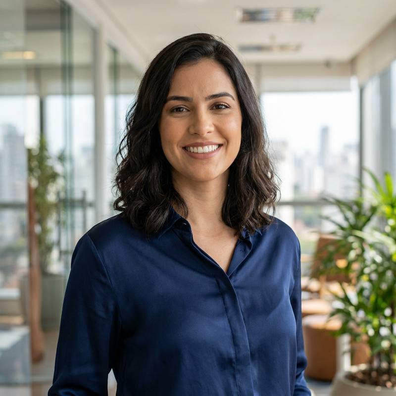 Consultora de atendimento da Fintoval sorrindo em um escritório moderno com vista para a cidade