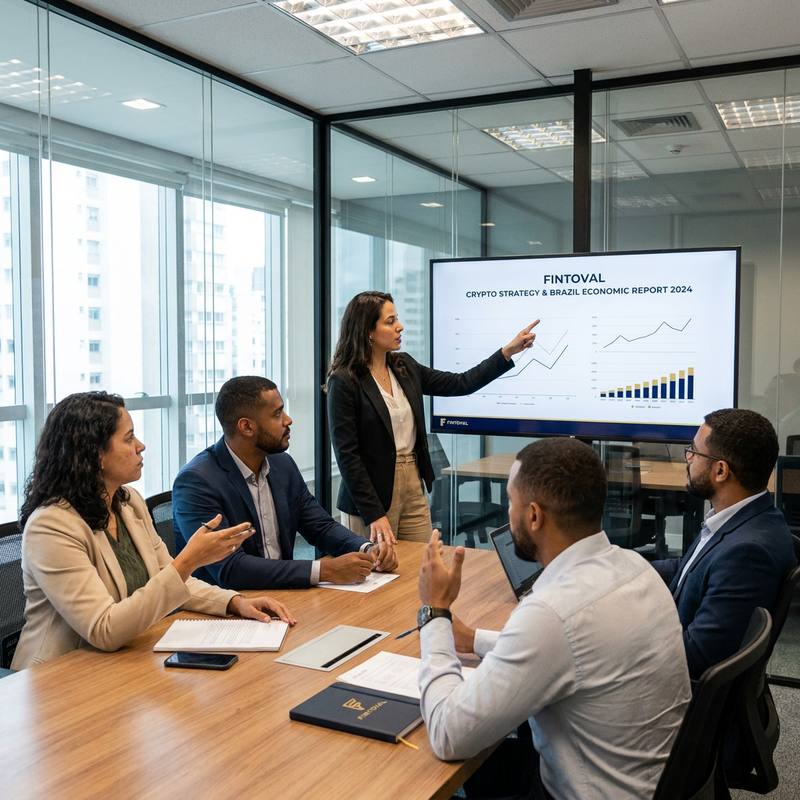Equipe da Fintoval em uma sala de reuniões envidraçada analisando, em uma tela, um relatório de estratégia em criptoativos e economia brasileira